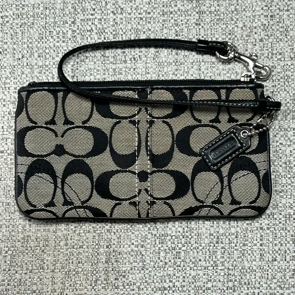 Coach Signature Black and Tan Wristlet - Picture 2 of 4